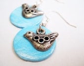 bird earrings - silver birds with hand painted wood circle light blue
