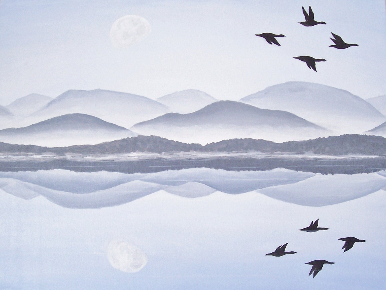 Original Landscape Painting, Misty Mountains, Morning Lake Painting, Blue Nature Art, Birds Flying, Original Acrylic Seascape 18 X 24