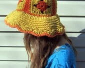 Retro, crochet floppy brim hat, granny squares, versatile, yellow and orange made from vintage pattern