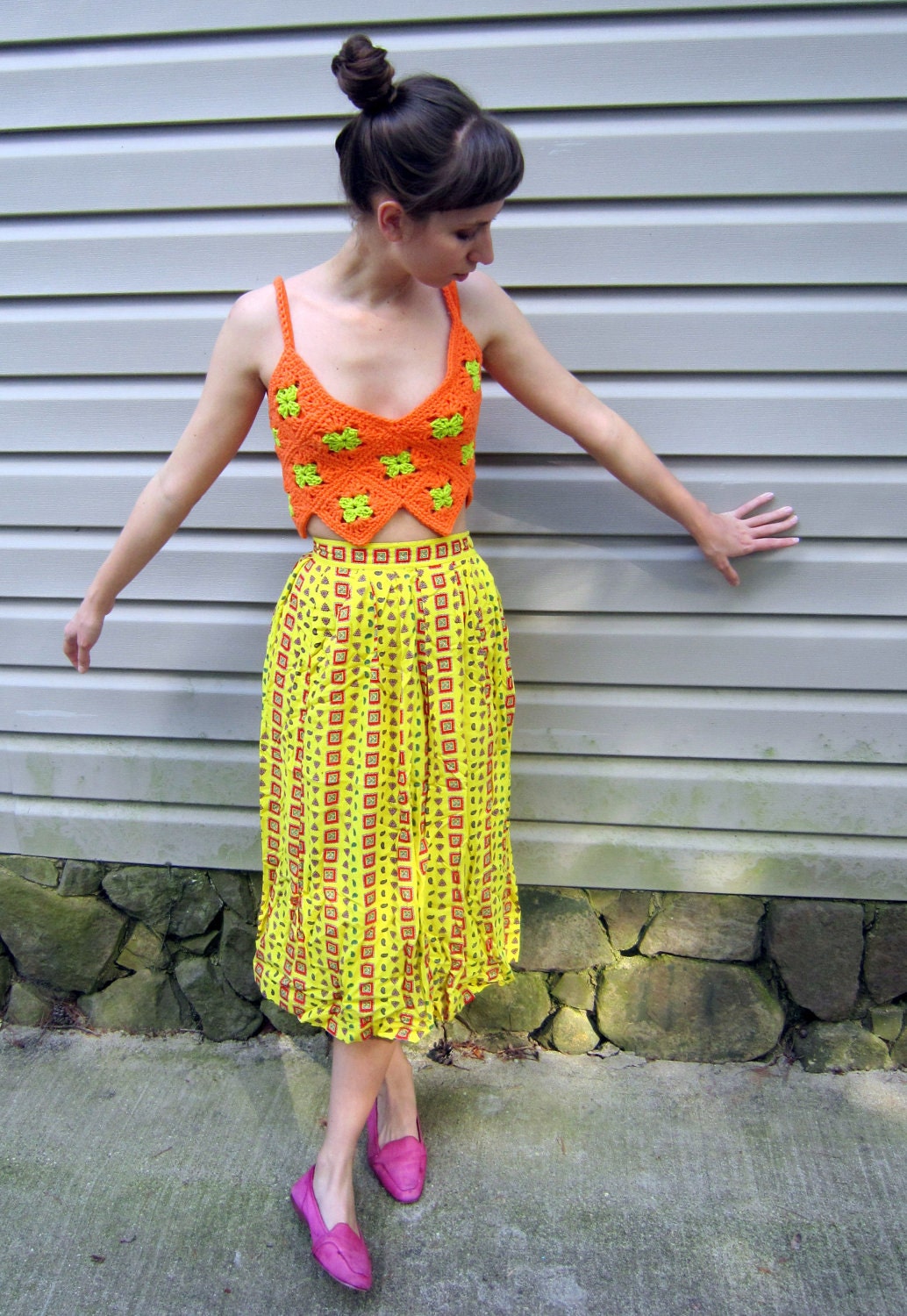 Neon crochet crop top shirt, retro, granny square, neon summer,  orange and green