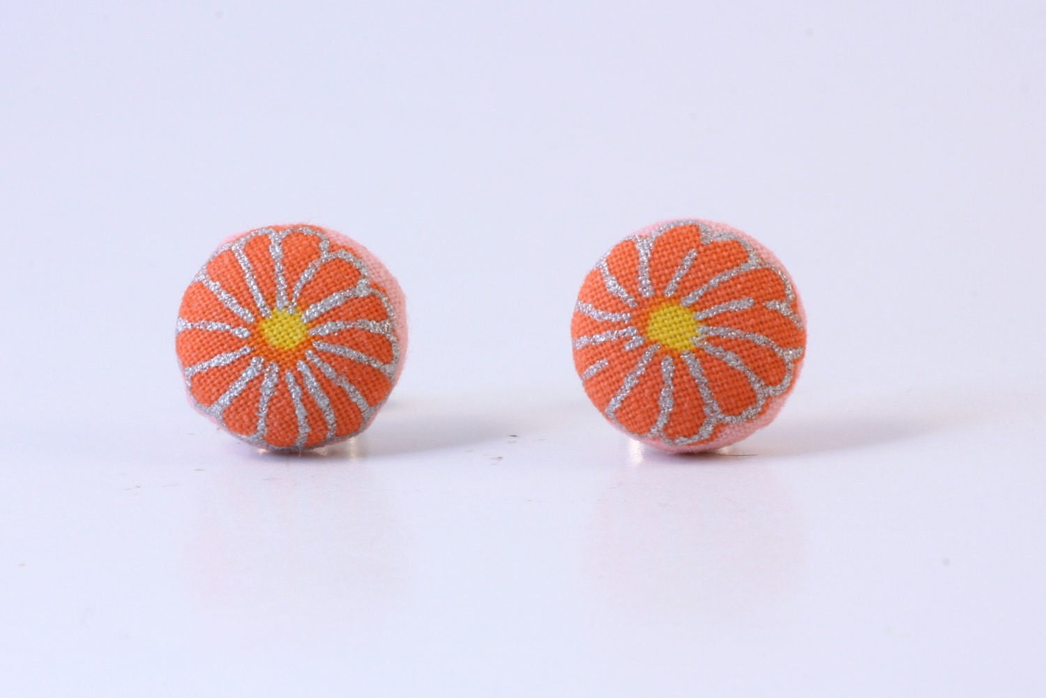 Orange Flower Printed Japanese Kimono Fabric Stud Earrings from Japan
