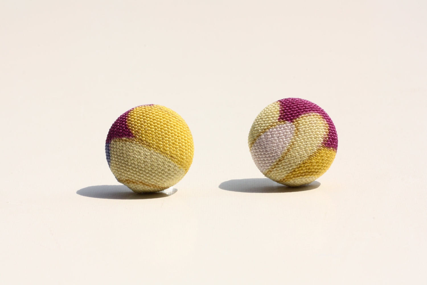Yellow Flower Petals in Purple, Japanese Kimono Fabric Stud Earrings from Japan
