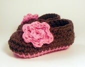 Chocolate Brown Ballet style crochet Booties with pink rose, Slippers