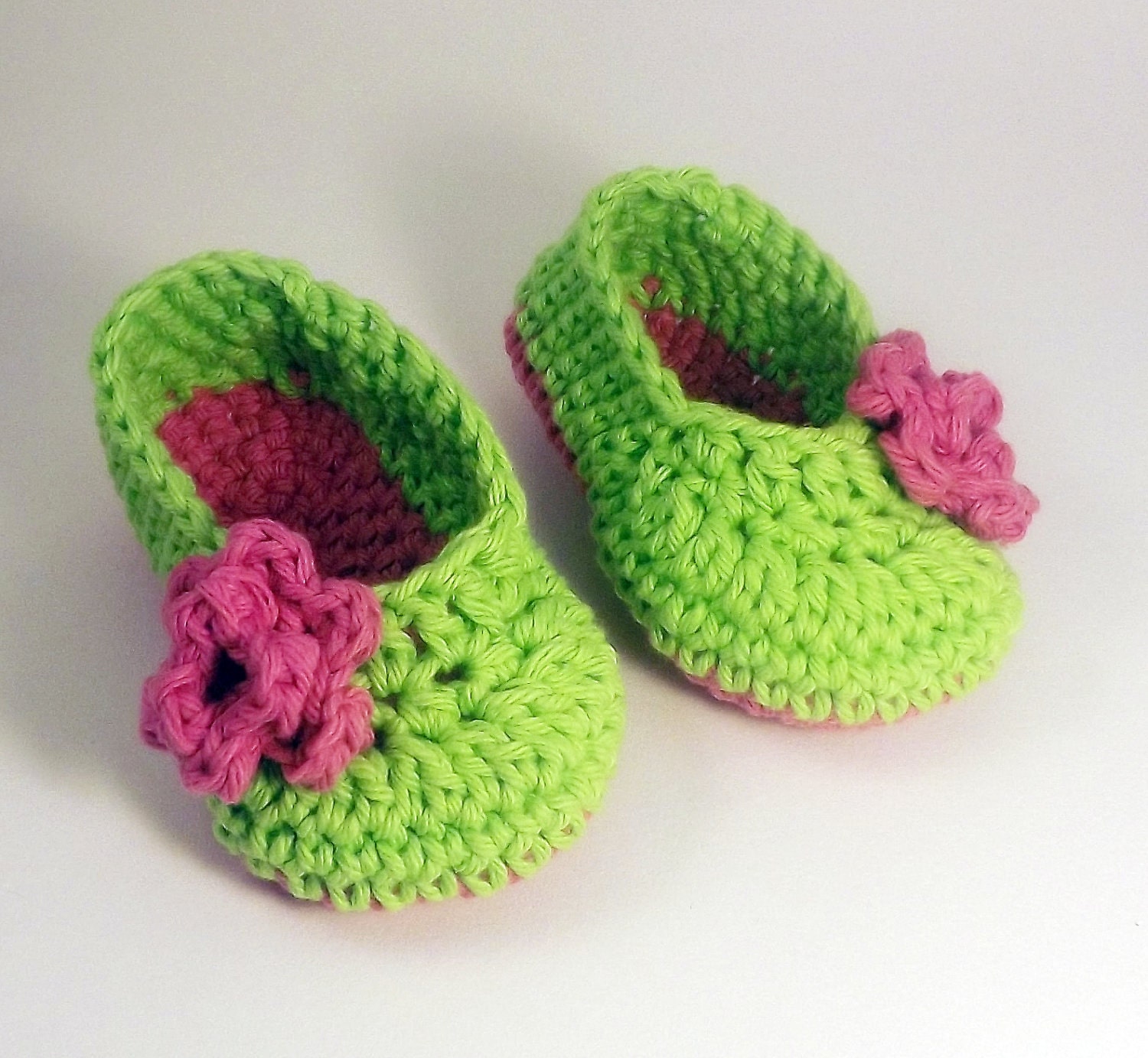 Lime Green Ballet style crochet Booties with pink rose, Slippers 3 month size