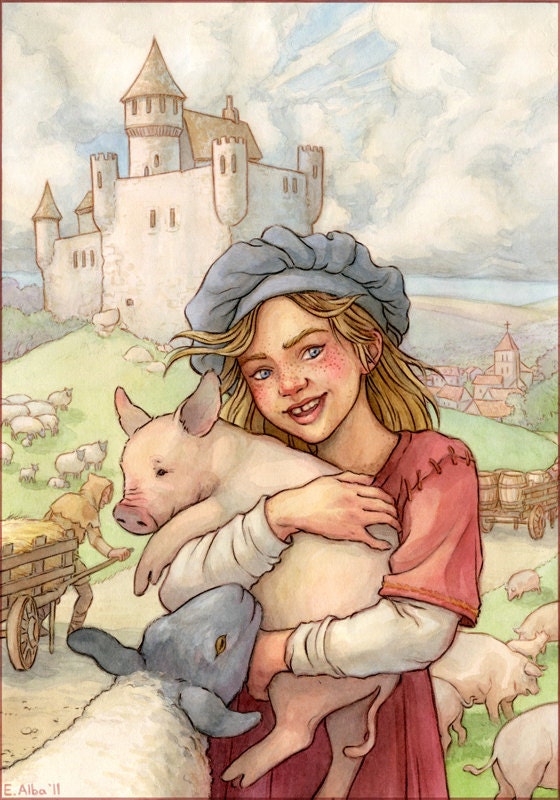 Mischievous Medieval Castle Girl Illustration 11x14