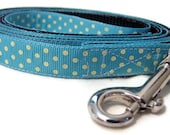 Dog leash lead - light blue with yellow polka dots ribbon nylon backing - 4 feet long