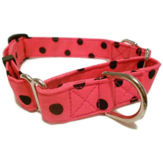 Dog Collar Hot Pink with Black Polka Dots- Adjustable MARTINGALE - Small Size - 3/4"