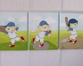 3 Teddy bears playing baseball, handpainted on canvas