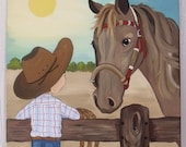 Little Cowboy with His Horse, Handpainted on Canvas