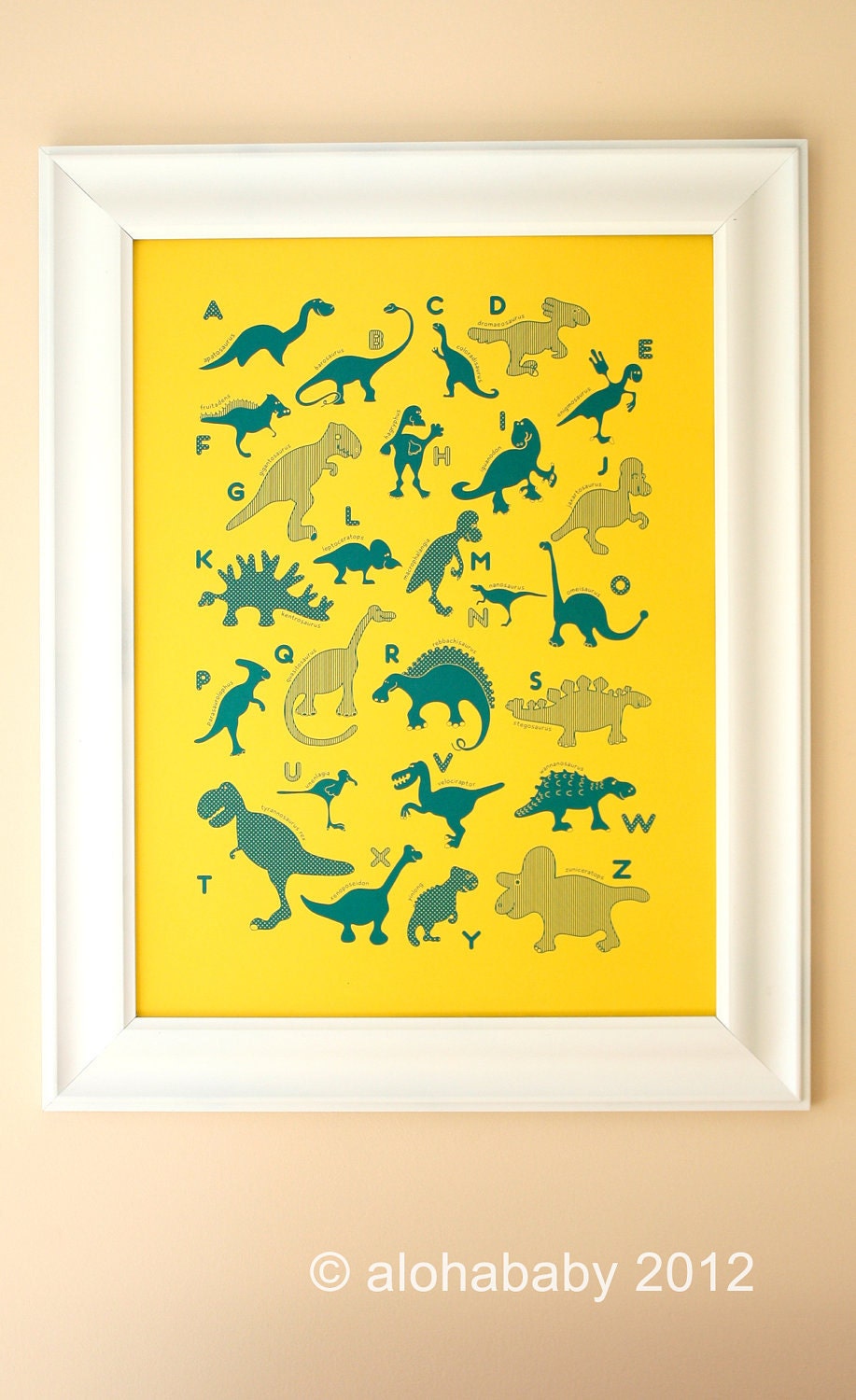 Dinosaur ABC poster, Yellow, Alphabet poster, Kids Art Print