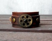 Leather Cuff Bracelet, with steampunk gears, antique Rivets and Buckle Closure