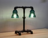 Aqua Blue-Green Glass Insulator Dual Light Desk Lamp Retro-Industrial Styling