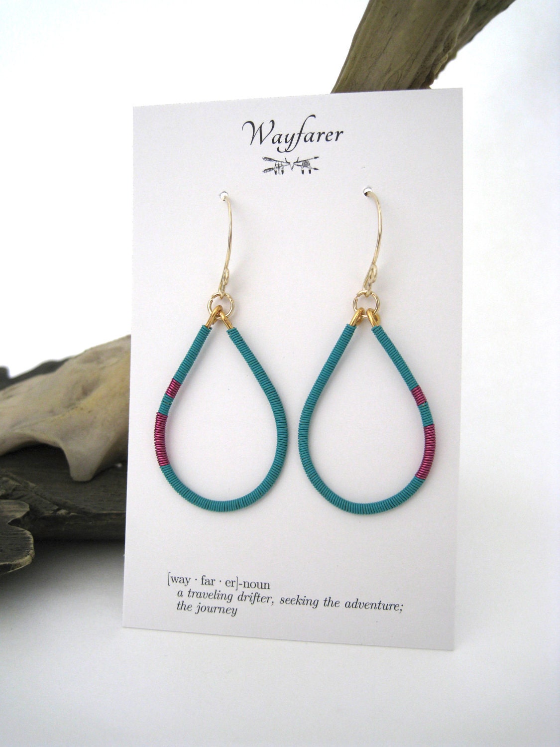 14K Gold Fill and Gold Plated Turquoise and Fuchsia Pink Wire Wrapped Teardrop Hoop Earrings