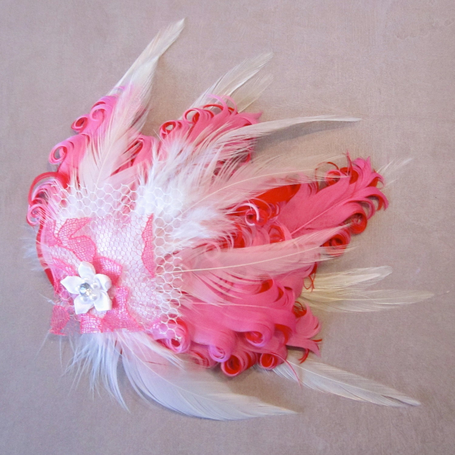 White Bridal Feather Fascinator Pink Wedding