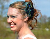Turquoise French Birdcage Veil with Peacock Bridal Feather Fascinator