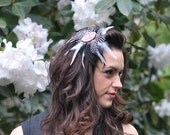Steampunk Wedding Feather Fascinator Black and White With Sterling Silver Wire Wrapped Stone