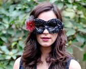 Black Lace Masquerade Mask with Red Rose