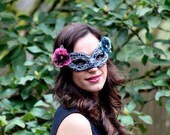 Mardi Gras Black Lace Mask with Pink and Blue Lace Flowers and Rhinestones