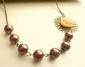 Vintage necklace chocolate brown glass pearl filigreed soft pink rose flower wedding bride bridesmaid free earrings