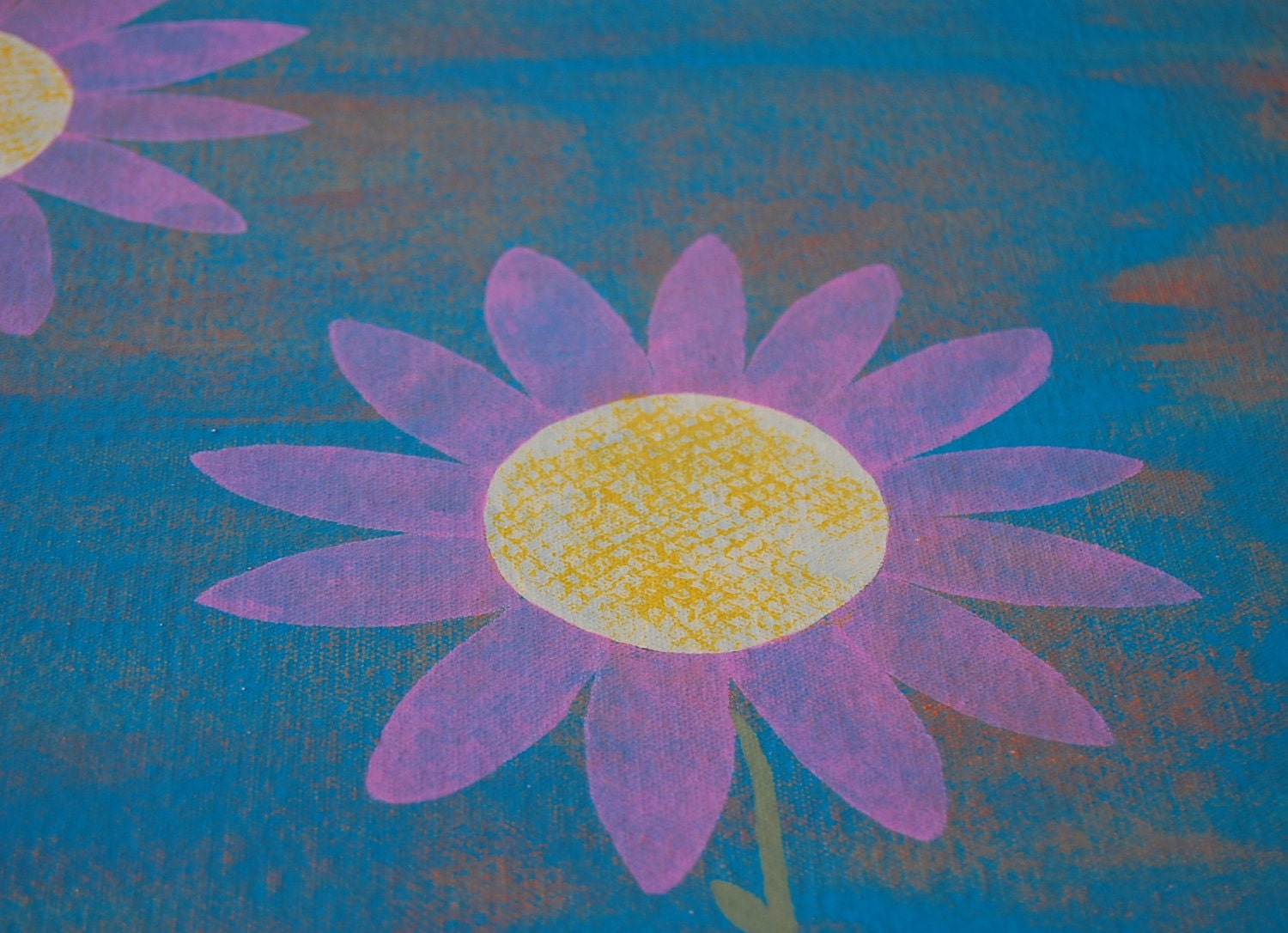 pink and white flowered floorcloth - canvas art for your floor - blue, orange
