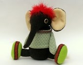 Chocolate Woollen Elephant - Handmade plush sculpture - with beige felt ears, bright green felt feet - wearing patterned pullover