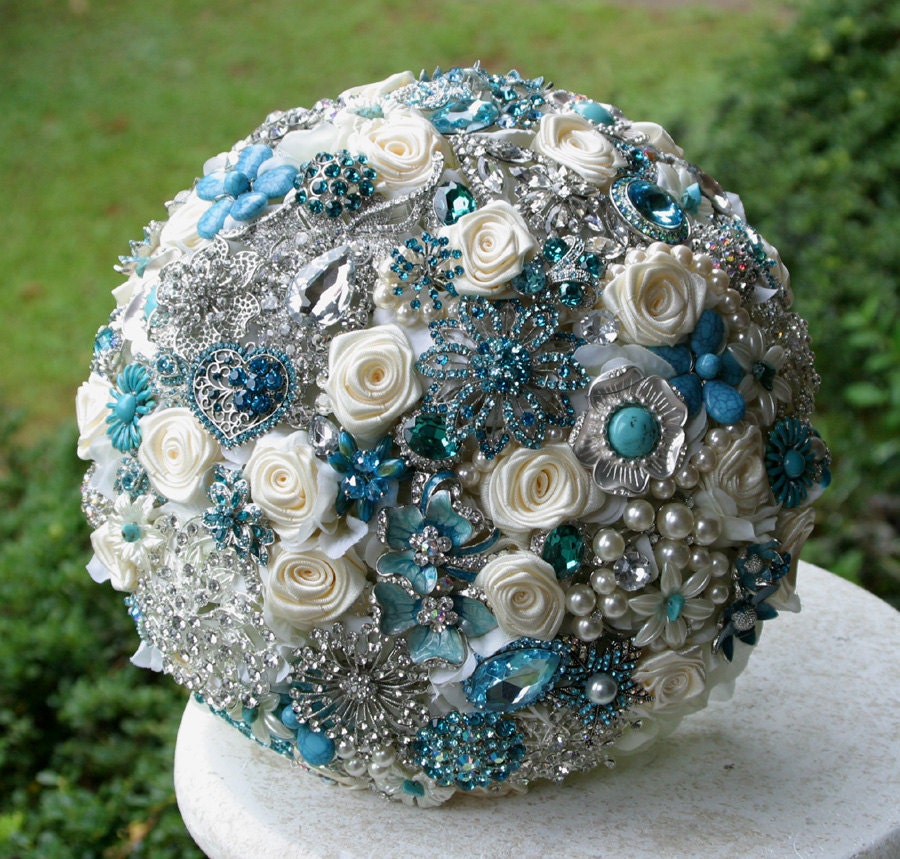 Teal Blue Brooch Bouquet. Deposit on a made to order Heirloom Wedding Broach Bouquet.