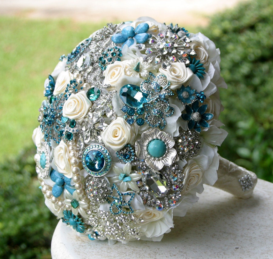 Teal Blue Brooch Bouquet. Deposit on a made to order Heirloom Wedding Broach Bouquet.