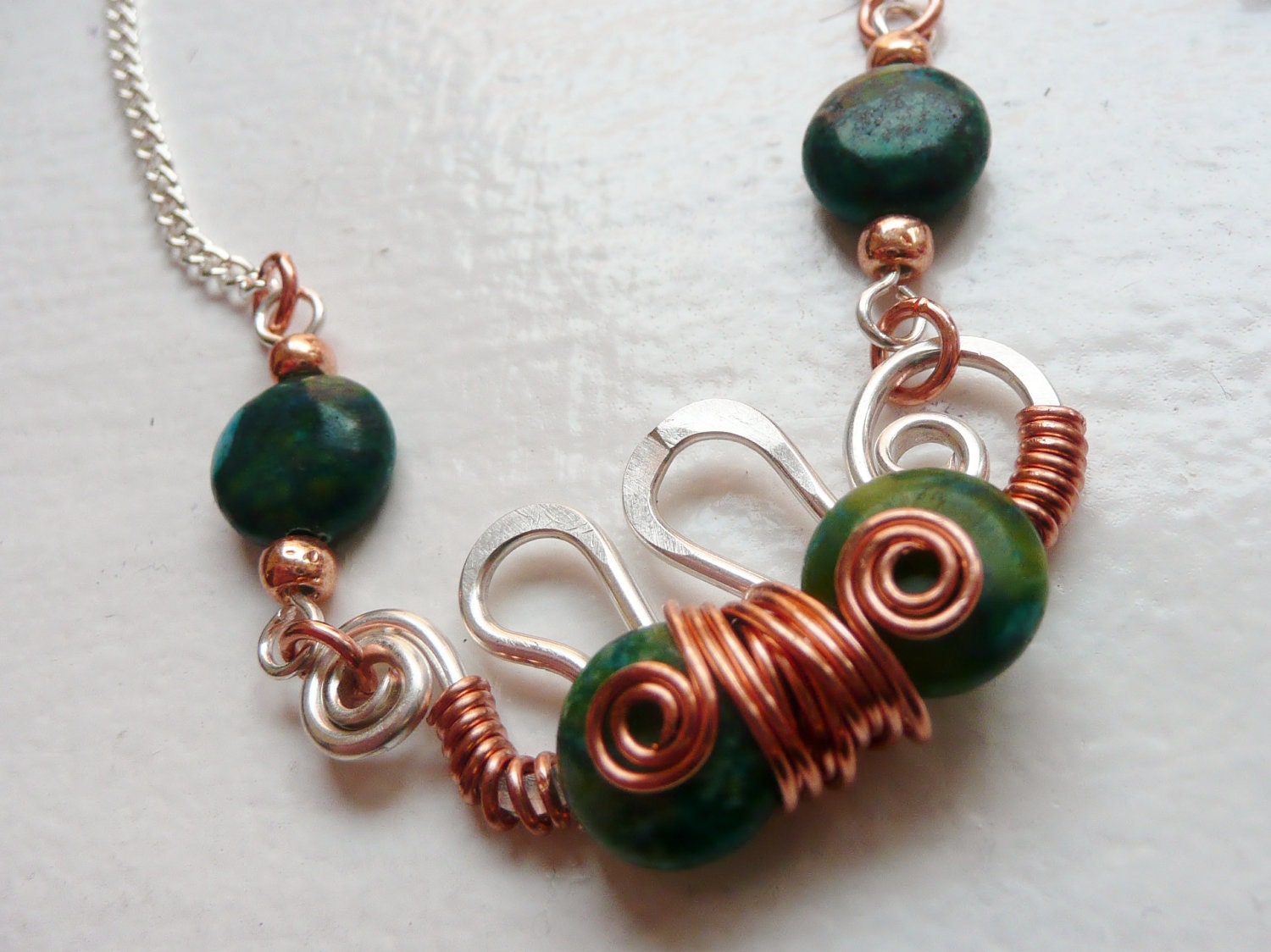 Copper and Silver Wire Wrapped Green Beaded Necklace