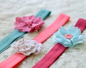 Easter headbands in pink and teal--set of three fabric flower headbands-infant size