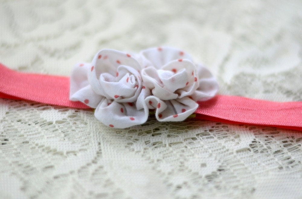 white and pink polka dot fabric flower headband-infant size