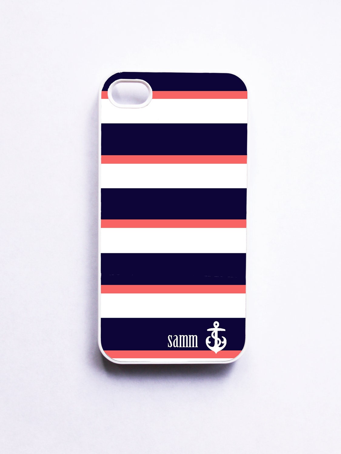 Nautical iPhone Case for Iphone 4 / 4S - Personalized Navy & Coral Stripe With Anchor
