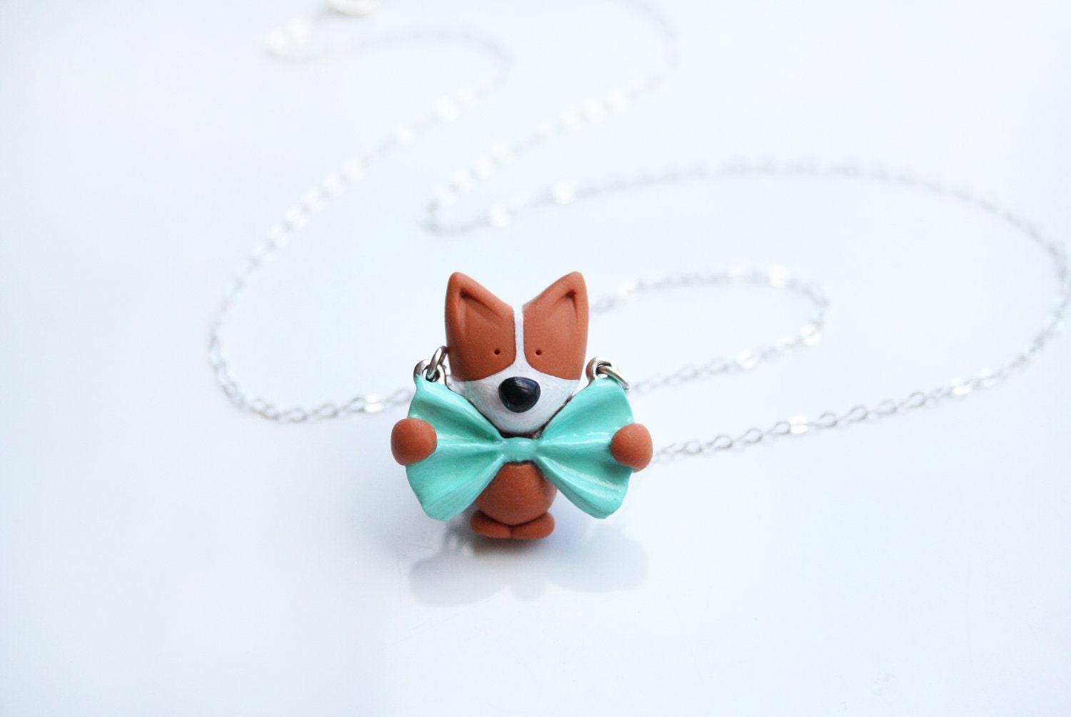 Mocha the Pembroke Welsh Corgi with a mint bow tie necklace-Sterling Silver-