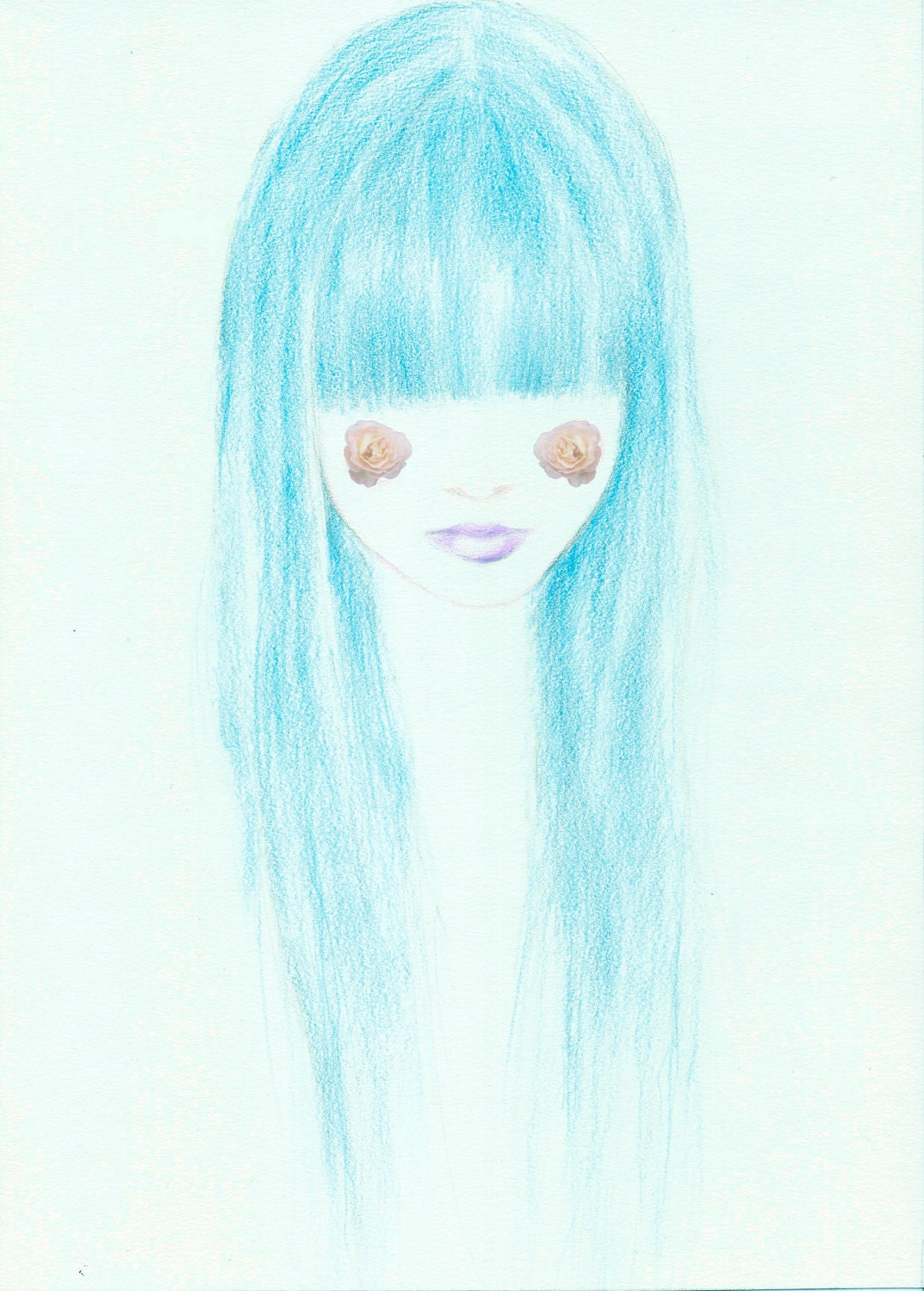 Fashion Illustration, Fashion Portrait, Print of Fashion Illustration, Rosy Cheeks, Long Blue Hair