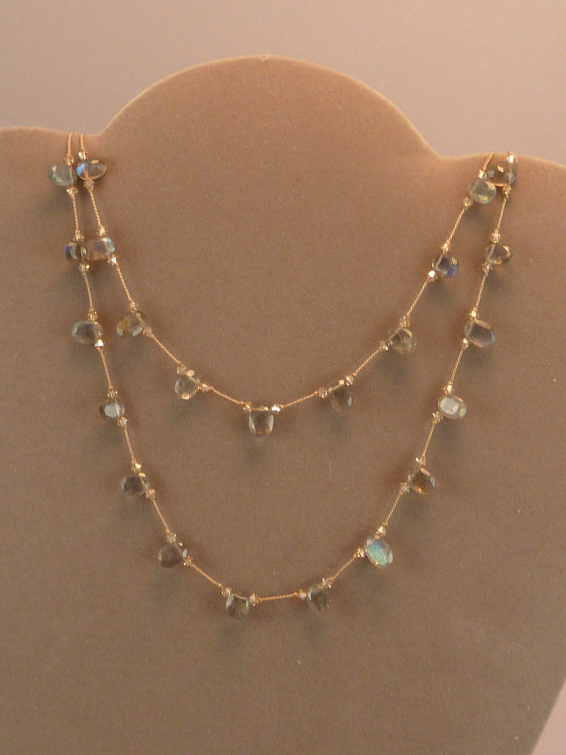 Faceted oval concave labradorite double necklace with crystal