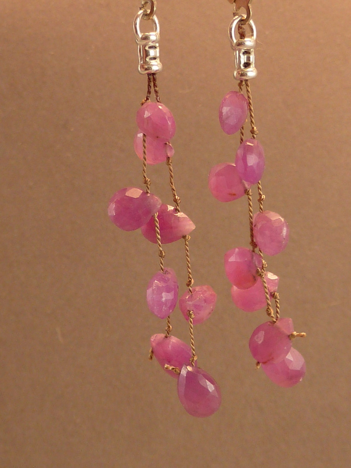 Faceted pink sapphire briolette waterfall earrings