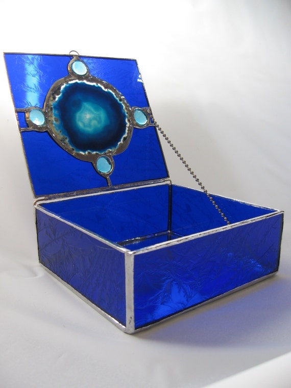 CIJ sale Cobalt blue stained glass jewelry box with blue agate slice lid