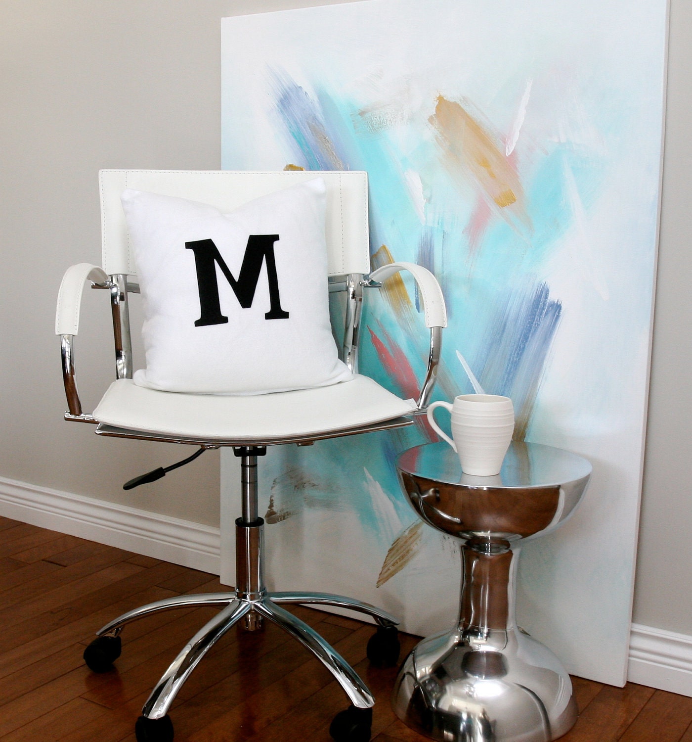 SALE 20.00 16" White Felt "M" Monogramed Pillow