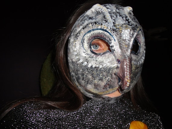Paper mache papier mache owl mask Silver Smart from Pokaini forest bird costume