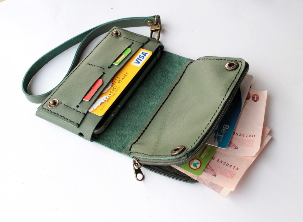 Muted Green Bifold leather iPhone wallet wristlet  with large zipper