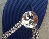 Spring BLING- Navy Blue Crystal Flip Flops With Giant Rhinestone Center