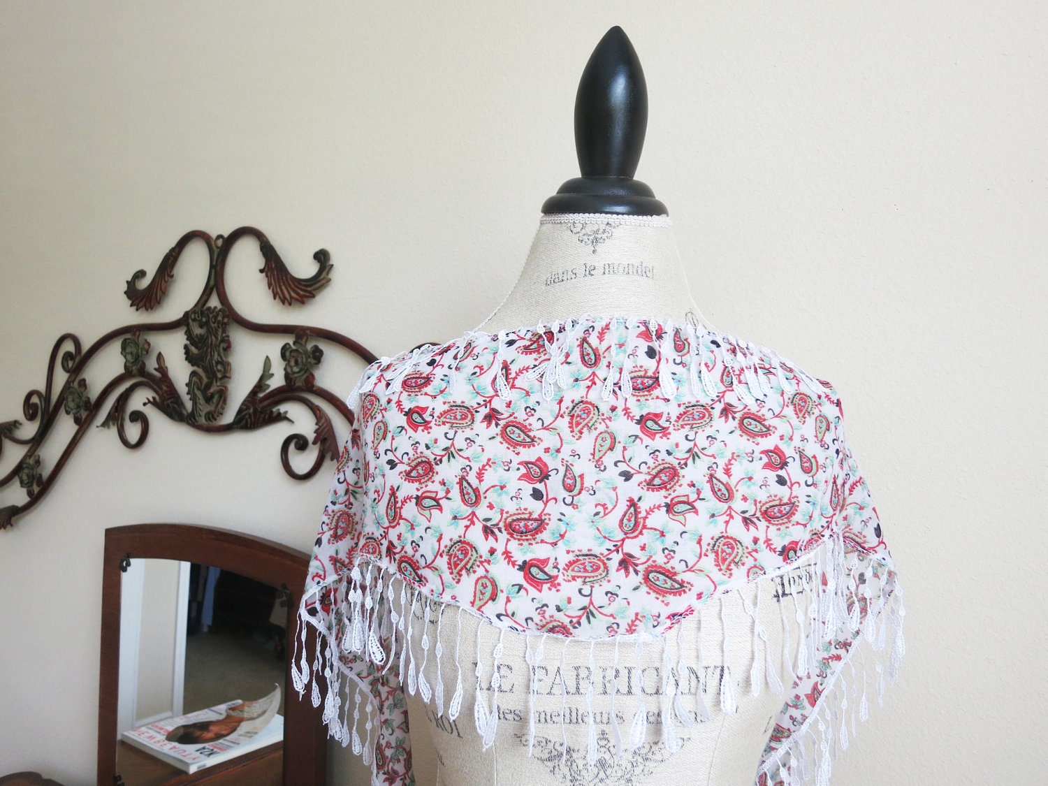 Lace Scarf, Print Scarf, Red and Ivory Scarf, Fashion Scarf