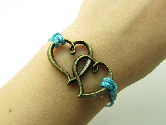 Vintage Style Bronze Hearts Pendant Blue Ropes Women Chain Cuff Bracelet, Women's Ropes Bracelet 612A