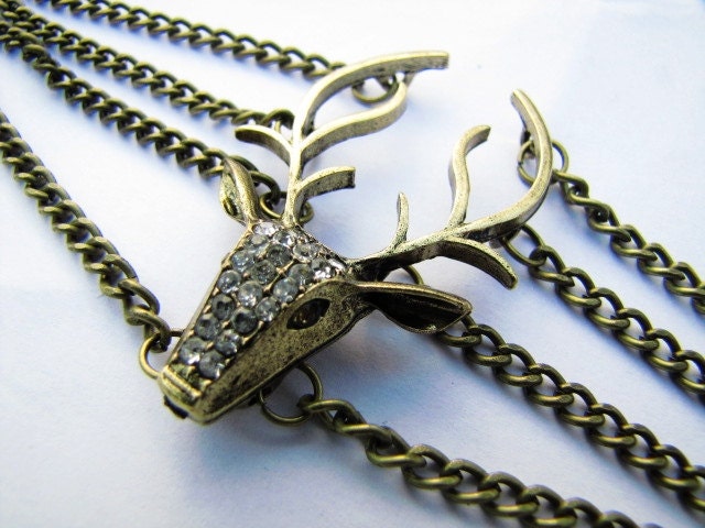 Vintage Style Antique Bronze Deer Antler Pendant Women Girl Chain Cuff Bracelet  438A