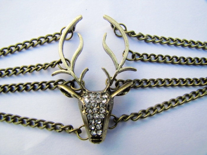 Vintage Style Antique Bronze Deer Antler Pendant Women Girl Chain Cuff Bracelet  438A