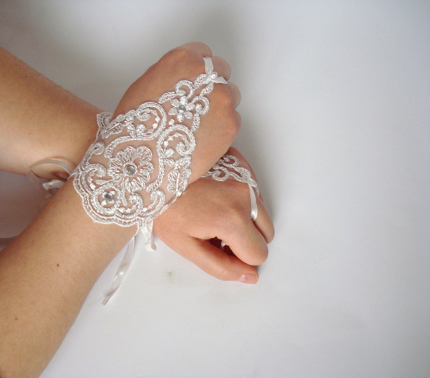 Ivory lace wedding fingerless gloves embellished with sparkles