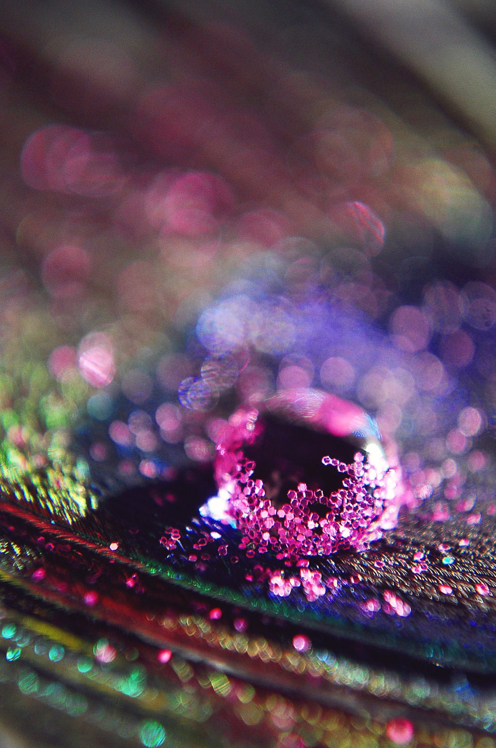 satellite of love pink vivid rainbow glitter water drop on peacock feather fine art potography 8x10