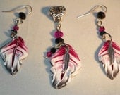 Feather Set - Eagle feather, Burgandy White with Black Tipped Pendant & Earrings Set