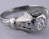 18K White Gold Antique .29ct Diamond Hand Engraved Ring
