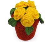Crochet Roses - Bright sunshine yellow flowers, rust coloured pot