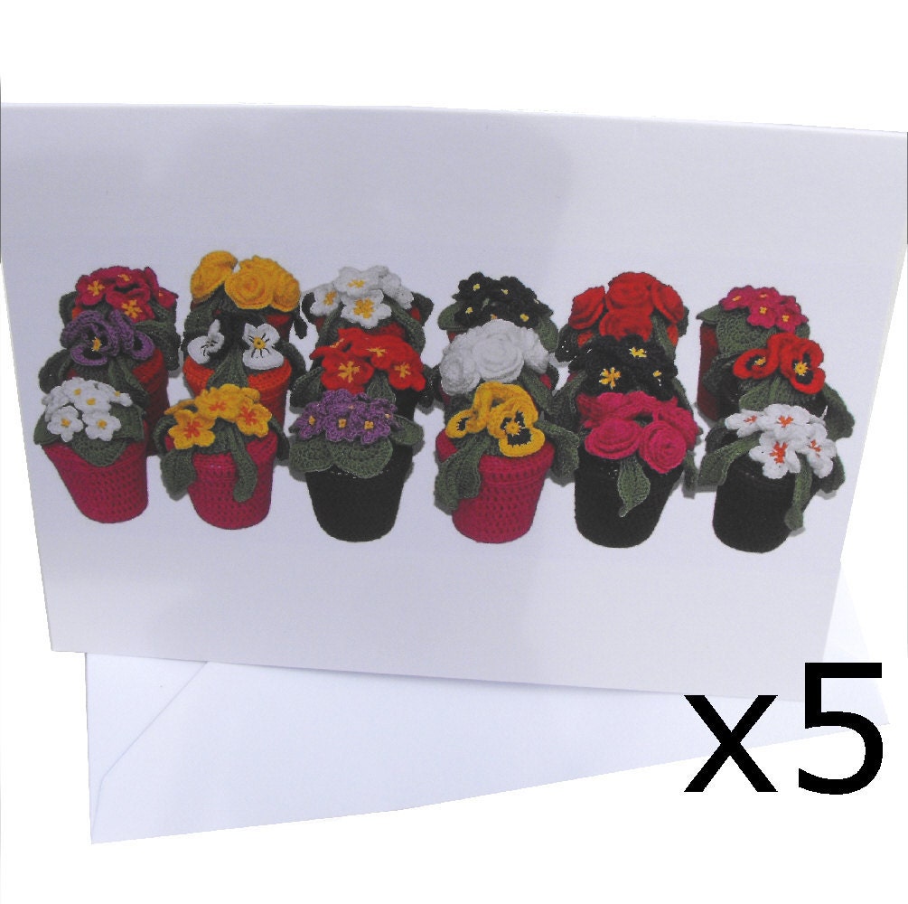 Stationery set of 5 cards with photo of crocheted flower pots